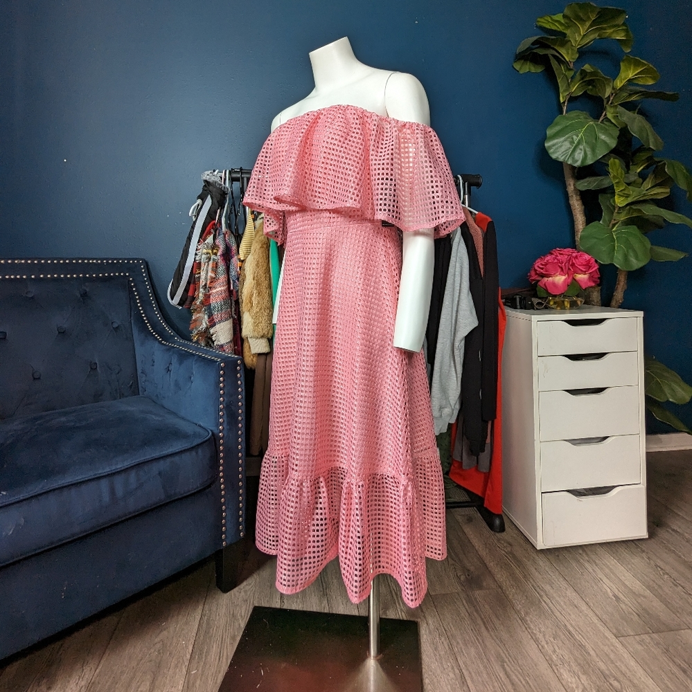 NWT New York & Company Pink Off the Shoulder Ruffle Perforated Dress S